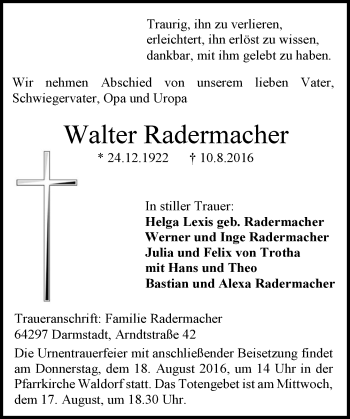 Traueranzeige von Walter Radermacher von Trauerportal Echo Online