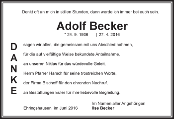 Traueranzeige von Adolf Becker von VRM Trauer