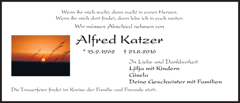  Traueranzeige für Alfred Katze vom 27.08.2016 aus Trauerportal Rhein Main Presse