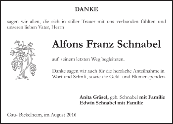 Traueranzeige von Alfons Franz Schnabel von Trauerportal Rhein Main Presse