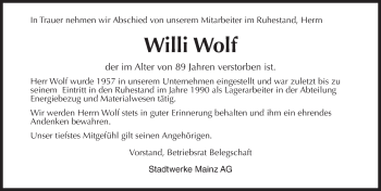 Traueranzeige von Willi Wolf von Trauerportal Rhein Main Presse