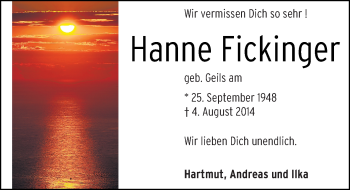 Traueranzeige von Hanne Fickinger von Trauerportal Echo Online