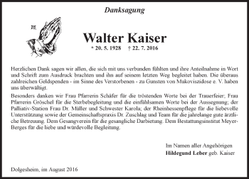 Traueranzeige von Walter Kaiser von Trauerportal Rhein Main Presse