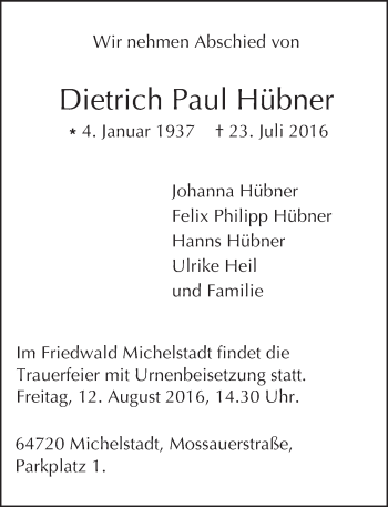 Traueranzeige von Dietrich Paul Hübner von Trauerportal Echo Online