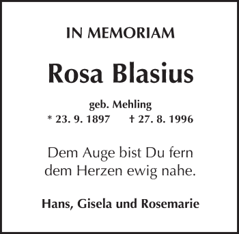 Traueranzeige von Rosa Blasius von Trauerportal Rhein Main Presse