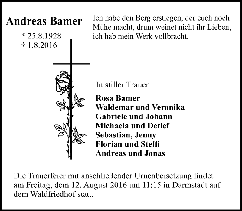  Traueranzeige für Andreas Bamer vom 06.08.2016 aus Trauerportal Echo Online