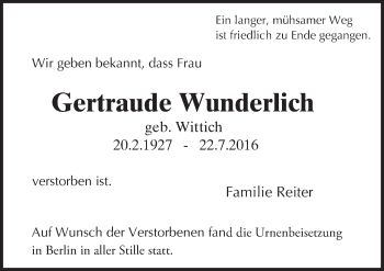 Traueranzeige von Gertraude Wunderlich von Trauerportal Rhein Main Presse