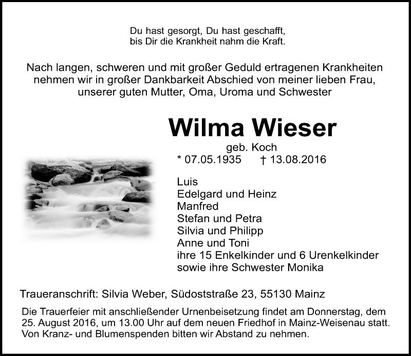  Traueranzeige für Wilma Wieser vom 20.08.2016 aus Trauerportal Rhein Main Presse