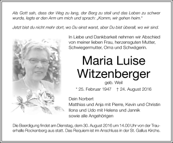 Traueranzeige von Maria Luise Witzenberger von  Kreisanzeiger