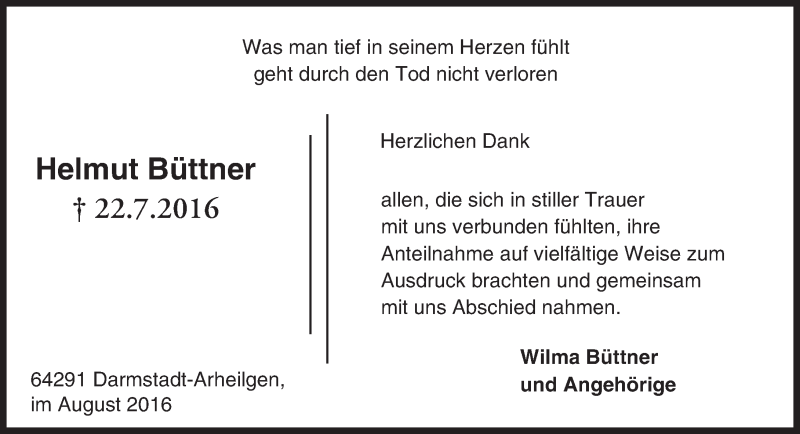  Traueranzeige für Helmut Büttner vom 13.08.2016 aus Trauerportal Echo Online