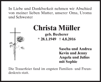 Traueranzeige von Christa Müller von Trauerportal Rhein Main Presse