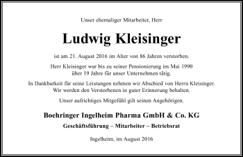 Traueranzeige von Ludwig Kleisinger von Trauerportal Rhein Main Presse