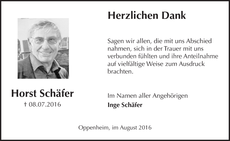  Traueranzeige für Horst Schäfer vom 06.08.2016 aus Trauerportal Rhein Main Presse