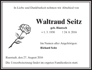 Traueranzeige von Waltraud Seitz von  Kreisanzeiger