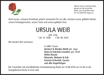 Traueranzeige von Ursula Weiß von Trauerportal Rhein Main Presse