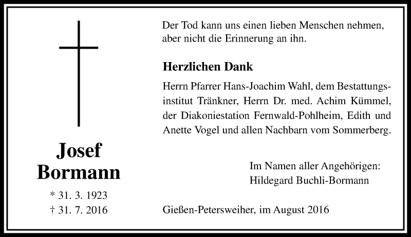  Traueranzeige für Josef Bormann vom 13.08.2016 aus  Gießener Anzeiger