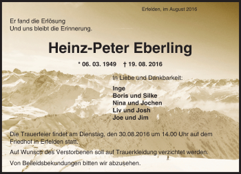Traueranzeige von Heinz-Peter Eberling von Trauerportal Echo Online