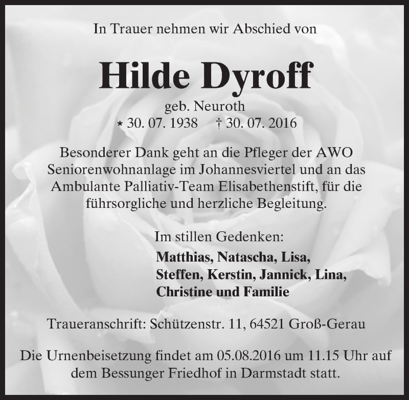  Traueranzeige für Hilde Dyroff vom 04.08.2016 aus Trauerportal Echo Online
