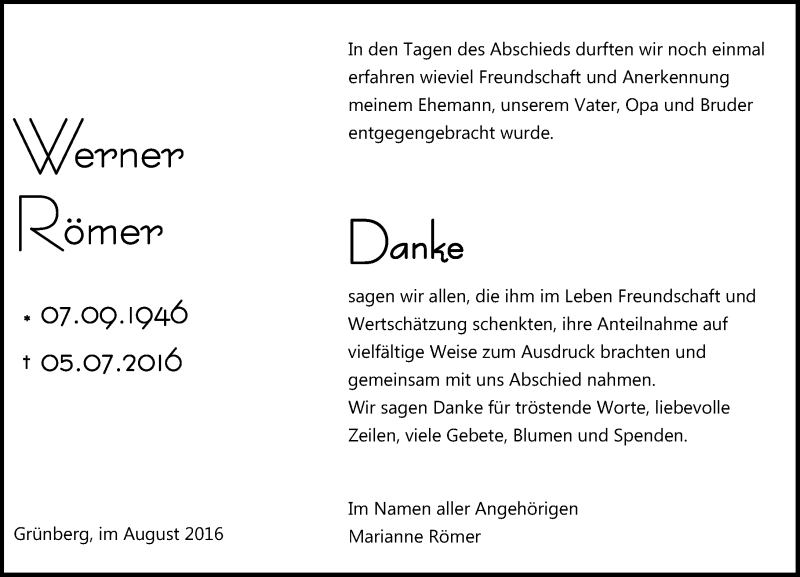 Traueranzeige für Werner Römer vom 13.08.2016 aus  Gießener Anzeiger