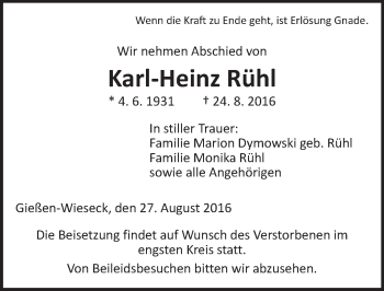 Traueranzeige von Karl-Heinz Rühl von  Gießener Anzeiger