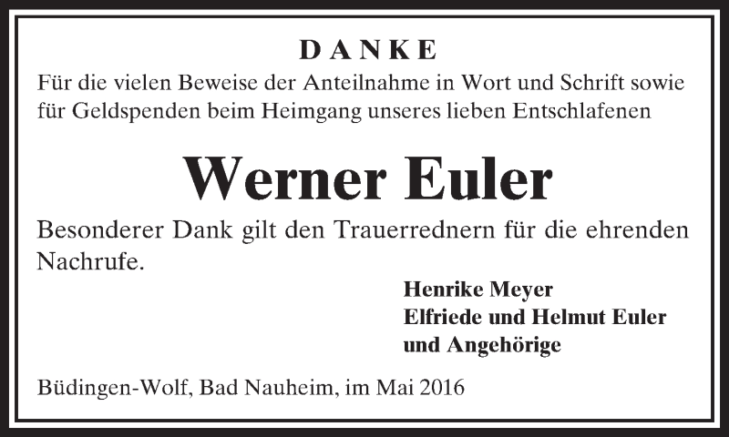  Traueranzeige für Werner Euler vom 21.05.2016 aus  Kreisanzeiger