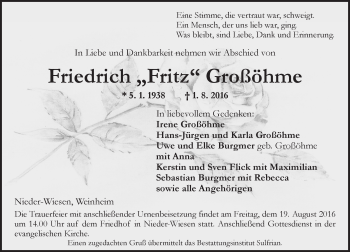 Traueranzeige von Friedrich Großöhme von Trauerportal Rhein Main Presse