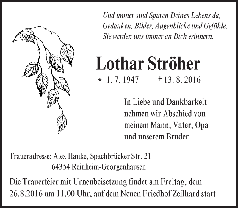  Traueranzeige für Lothar Ströher vom 20.08.2016 aus Trauerportal Echo Online