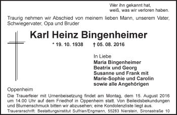 Traueranzeige von Karl Heinz Bingenheimer von Trauerportal Rhein Main Presse