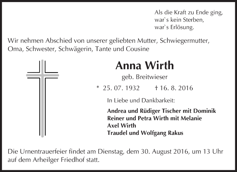  Traueranzeige für Anna Wirth vom 27.08.2016 aus Trauerportal Echo Online