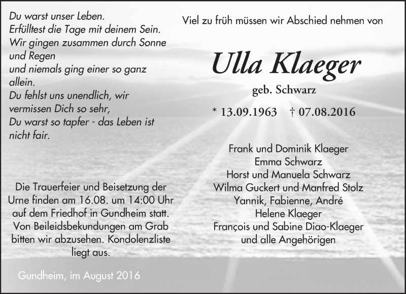  Traueranzeige für Ulla Klaeger vom 13.08.2016 aus Trauerportal Rhein Main Presse