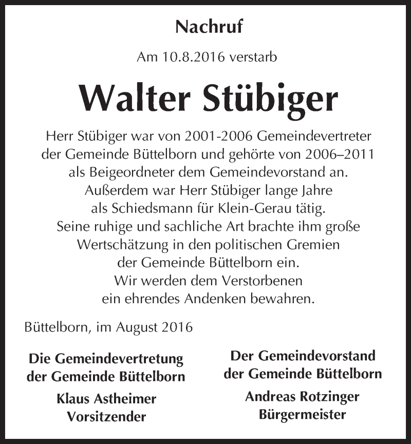  Traueranzeige für Walter Stübiger vom 20.08.2016 aus Trauerportal Echo Online