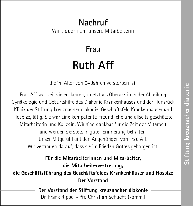  Traueranzeige für Ruth Aff vom 04.08.2016 aus Trauerportal Rhein Main Presse