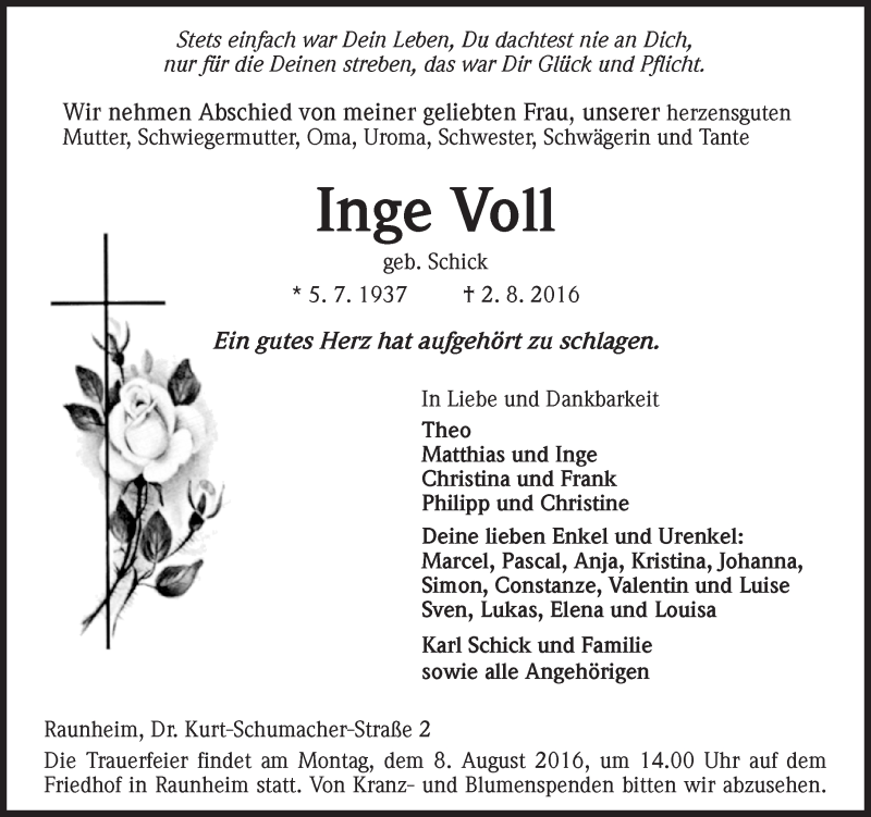  Traueranzeige für Inge Voll vom 06.08.2016 aus Trauerportal Rhein Main Presse