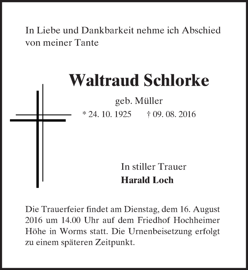  Traueranzeige für Waltraud Schlorke vom 13.08.2016 aus Trauerportal Rhein Main Presse