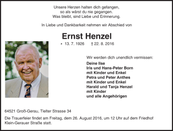 Traueranzeige von Ernst Henzel von Trauerportal Echo Online