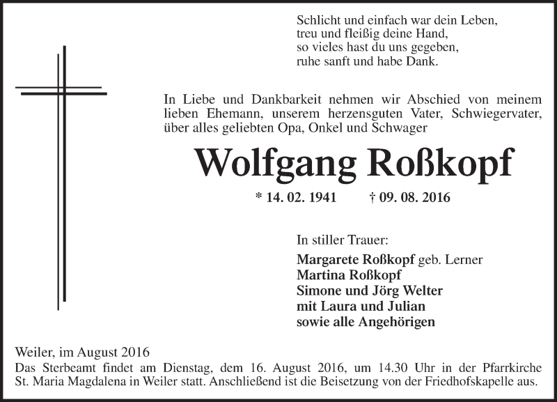  Traueranzeige für Wolfgang Roßkopf vom 13.08.2016 aus Trauerportal Rhein Main Presse