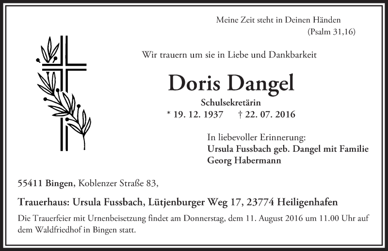  Traueranzeige für Doris Dangel vom 06.08.2016 aus Trauerportal Rhein Main Presse