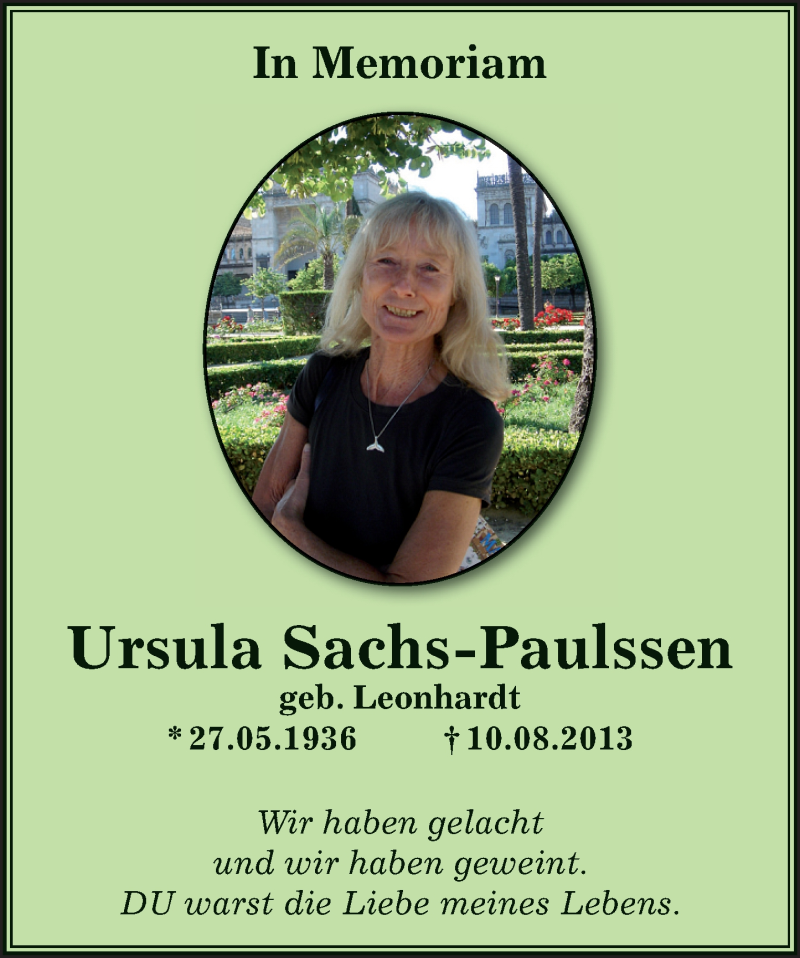  Traueranzeige für Ursula Sachs-Paulssen vom 10.08.2016 aus Trauerportal Echo Online