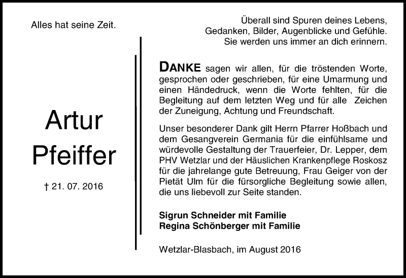  Traueranzeige für Artur Pfeiffer vom 10.08.2016 aus  Gießener Anzeiger