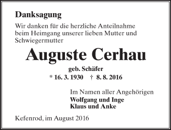 Traueranzeige von Auguste Cerhau von  Kreisanzeiger