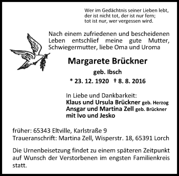 Traueranzeige von Margarete Brückner von Trauerportal Rhein Main Presse