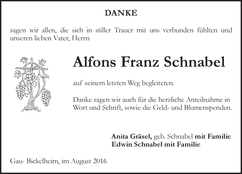  Traueranzeige für Alfons Franz Schnabel vom 06.08.2016 aus Trauerportal Rhein Main Presse