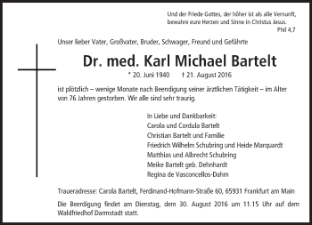 Traueranzeige von Karl Michael Bartelt von Trauerportal Echo Online