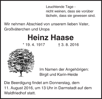 Traueranzeige von Heinz Haase von Trauerportal Echo Online