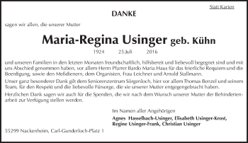 Traueranzeige von Maria-Regina Usinger von Trauerportal Rhein Main Presse