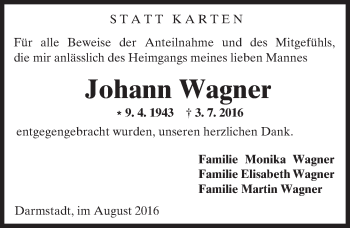 Traueranzeige von Johann Wagner von Trauerportal Echo Online