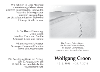 Traueranzeige von Wolfgang Croon von  Gießener Anzeiger