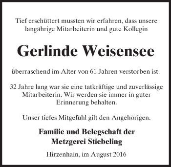 Traueranzeige von Gerlinde Weisensee von  Kreisanzeiger