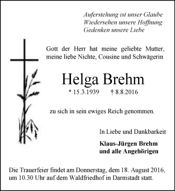 Traueranzeige von Helga Brehm von Trauerportal Echo Online