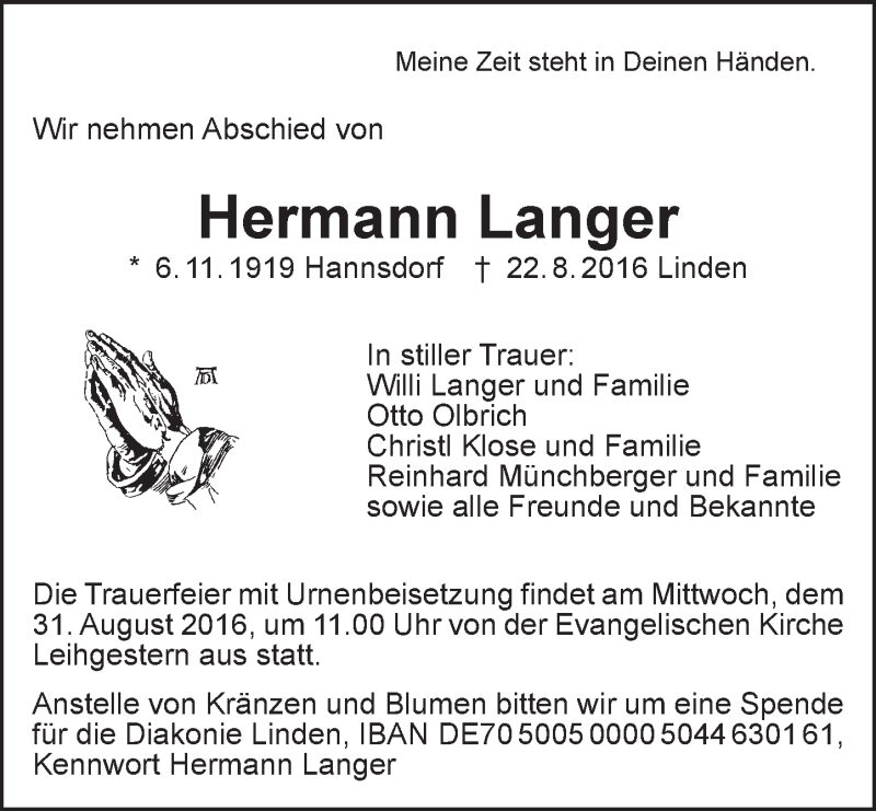  Traueranzeige für Hermann Langer vom 27.08.2016 aus  Gießener Anzeiger